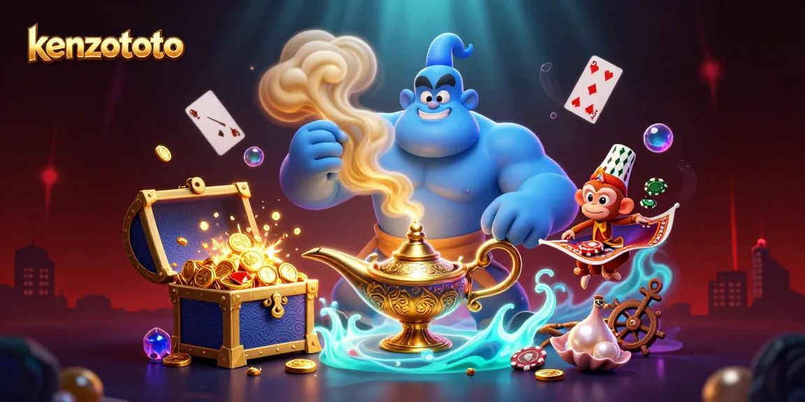Engage with kenzototo's magical gaming experience featuring a genie and poker elements in a vibrant environment.