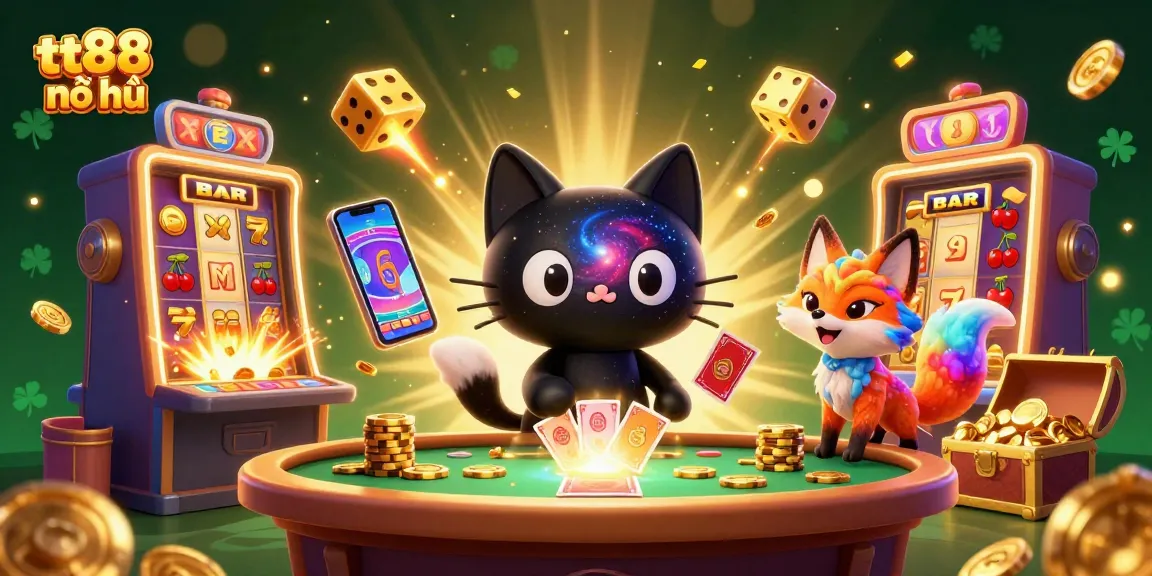Spin the reels in tt88 nổ hũ as a cosmic cat and vibrant fox play beside exploding jackpots.