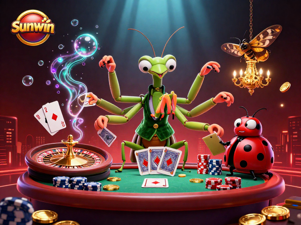 Engage in thrilling gameplay at sunwin as the giant praying mantis card sharp deals cards in a vibrant casino setting.