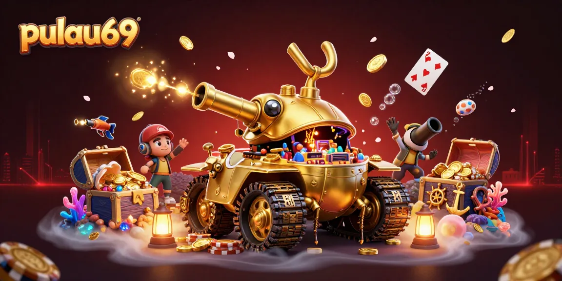Engage with pulau69's vibrant casino experience featuring a golden beetle tank and floating games.