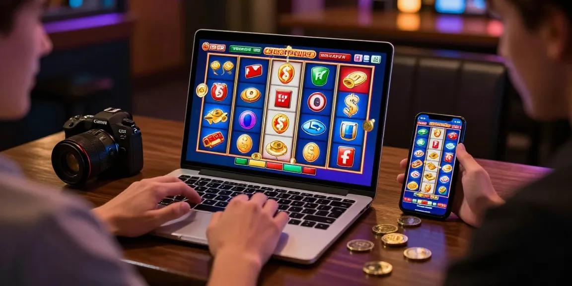 Pengalaman bermain cipung138 di ruang gaming yang nyaman dengan perangkat modern dan simbol slot berwarna-warni.