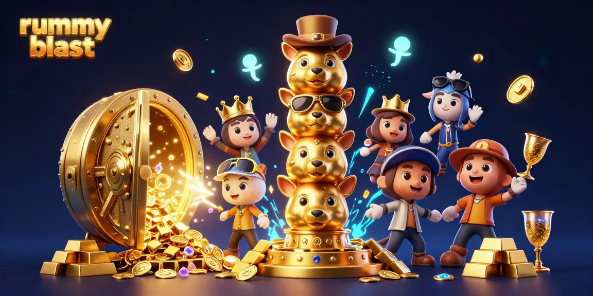 Engage with rummy blast excitement through a vibrant 3D illustration filled with gold treasures and animated totems.