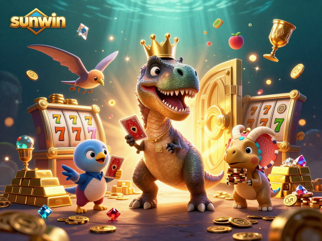 Experience sunwin's thrilling slots with friendly dino dealers stacking golden chips and vibrant game symbols!