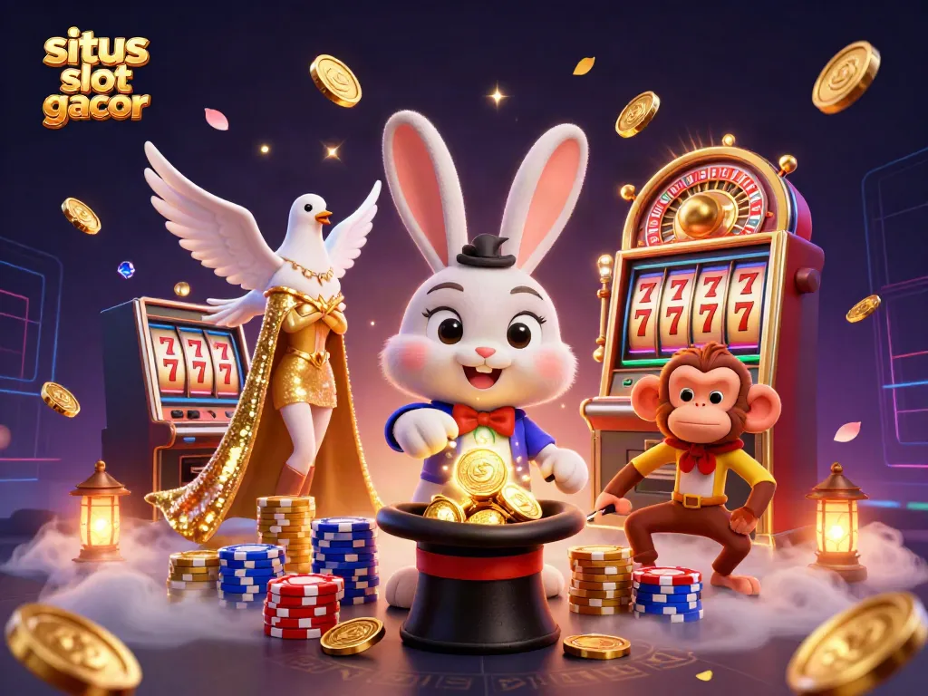 Situs slot gacor showcases a vibrant casino scene featuring a magician rabbit, dove, and monkey amidst sparkling coins and gaming elements.