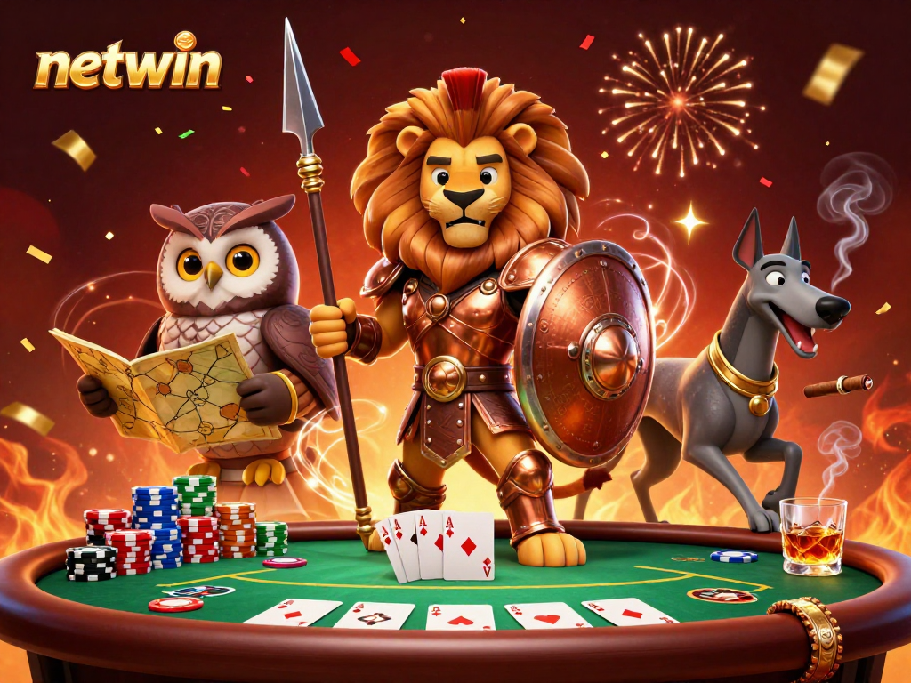 Experience thrilling gameplay with netwin's vibrant 3D scene featuring a poker showdown.