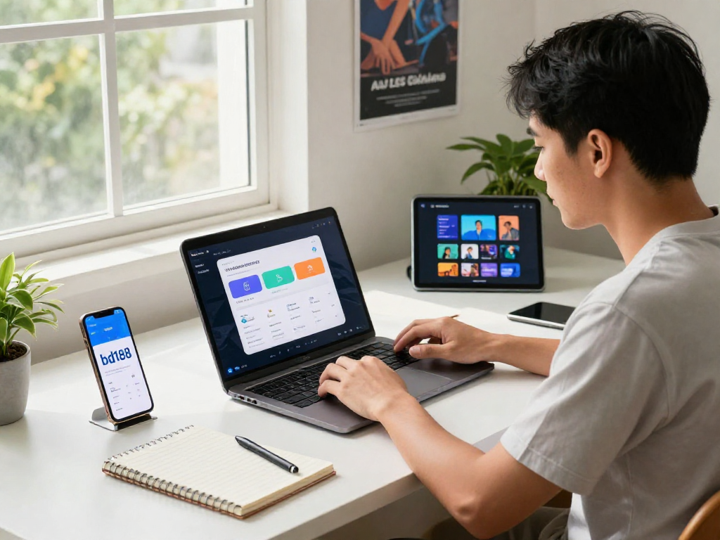 bd188 na platform para sa pag-download ng APK apps sa modernong workspace na puno ng gadget