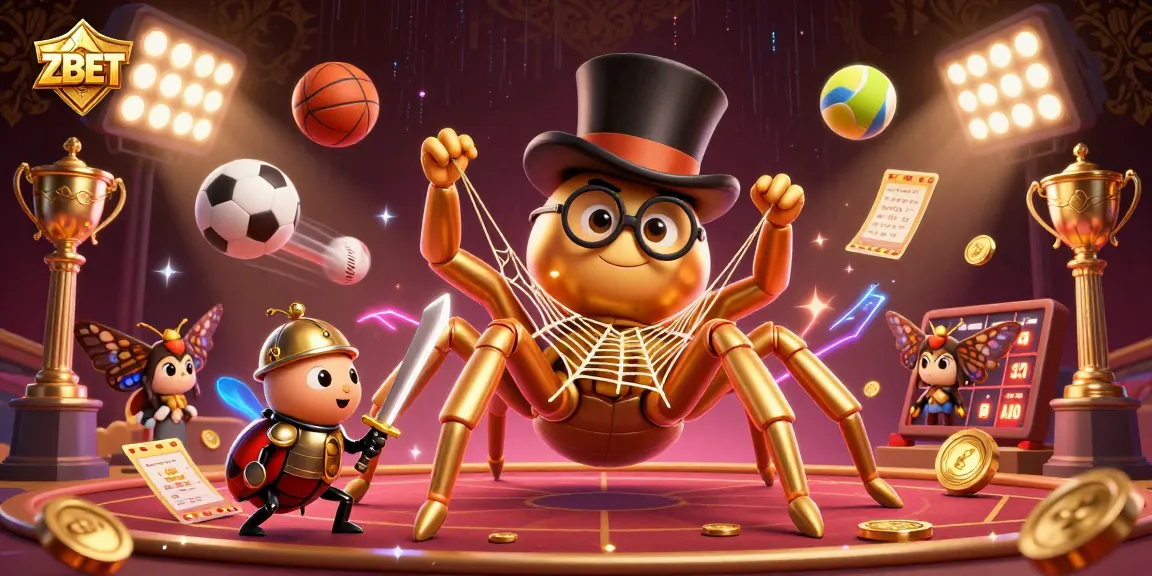 ZBET showcases a vibrant casino scene with a golden tarantula and a brave beetle knight amidst sports betting action.