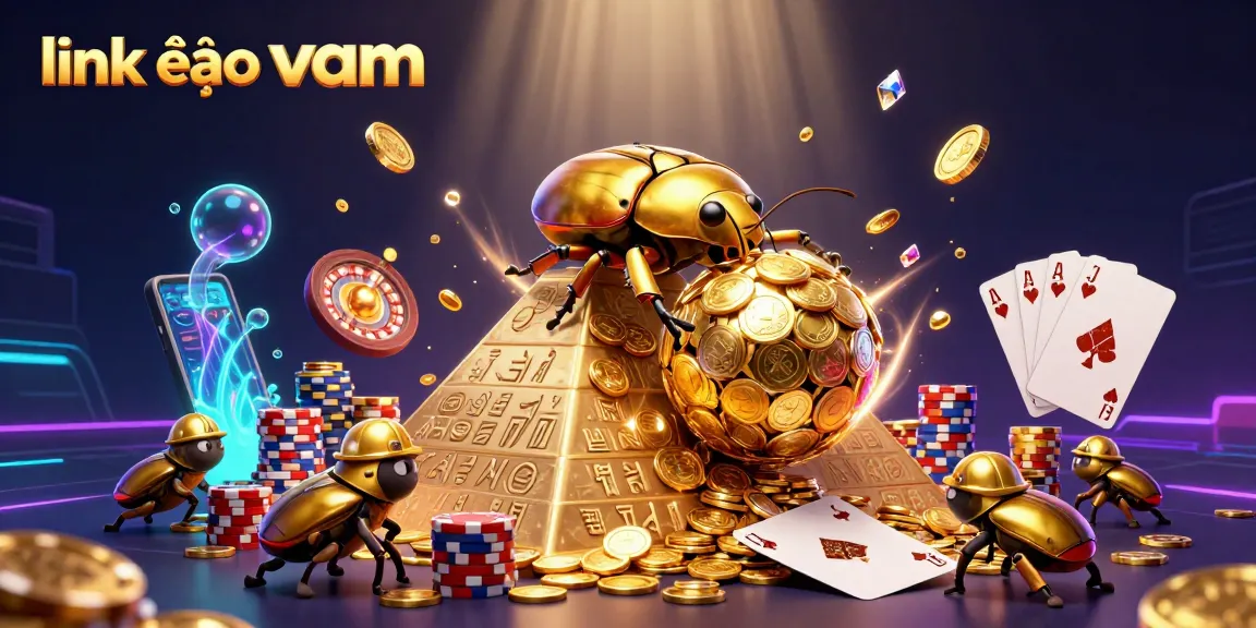 Engage in thrilling casino action with link vào vmax featured in a dynamic 3D illustration of a golden dung beetle and casino elements.
