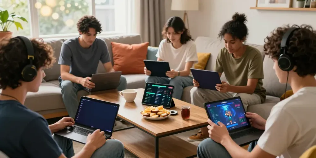 Engaged players enjoying Yono Games in a cozy living room environment.