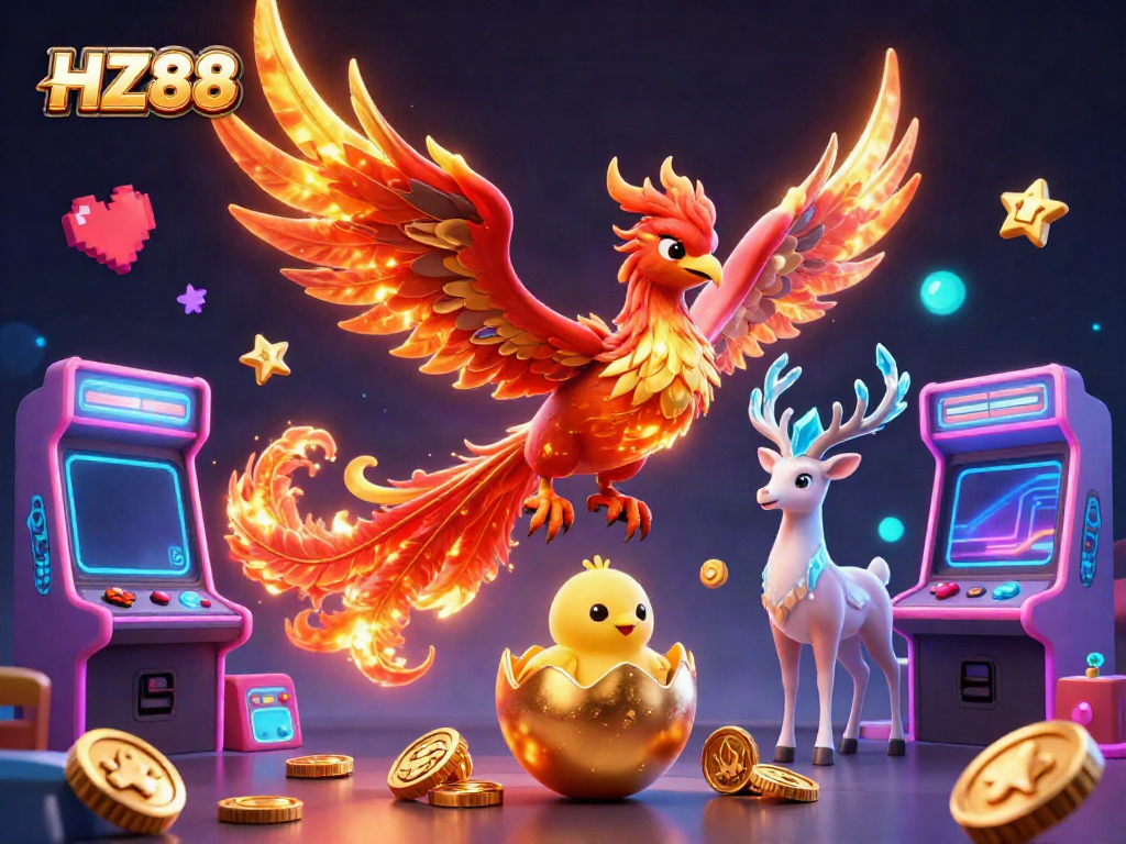 Experience thrilling games at HZ88 with a majestic phoenix and gaming elements energizing the scene.