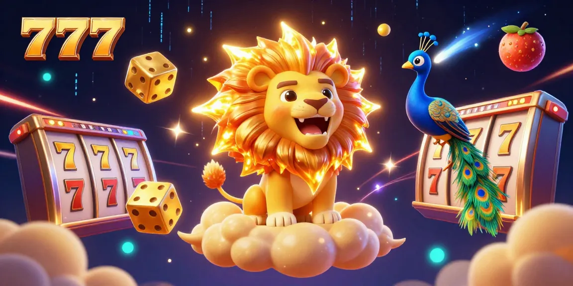 Slot dan jackpot bertema 777 dengan singa matahari dan dadu emas, menggambarkan keberuntungan.