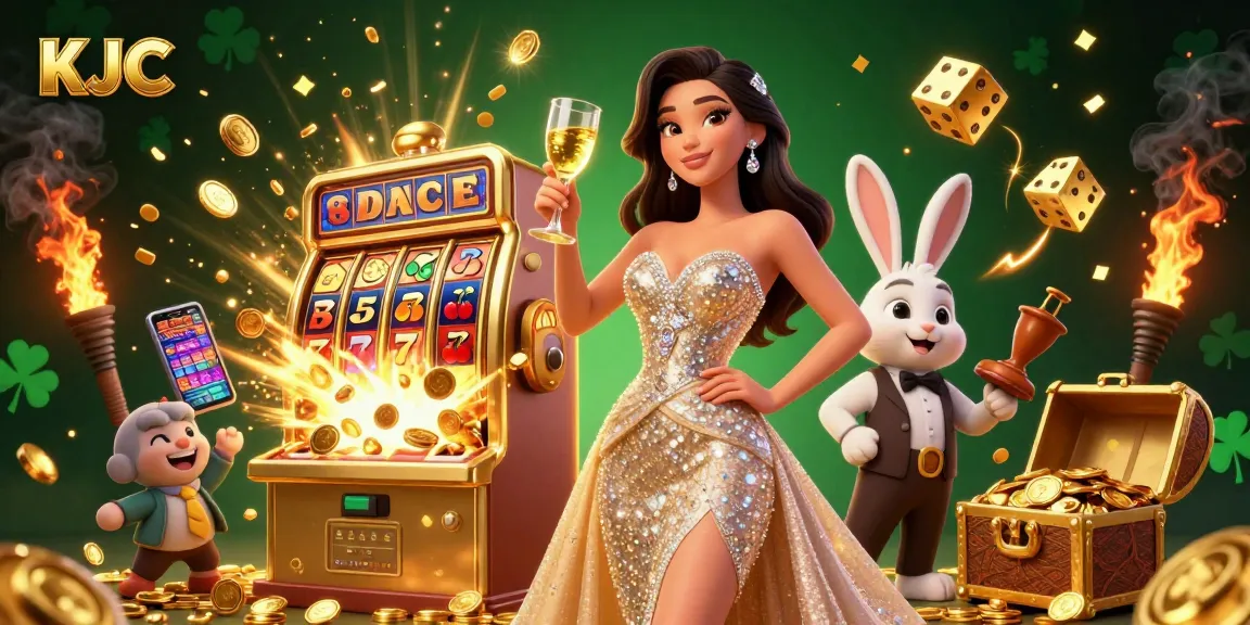 KJC offers thrilling casino excitement as the stunning woman toasts beside a golden jackpot slot machine.