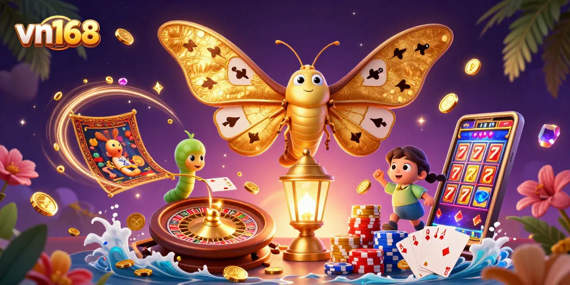 Engage in vibrant gambling at vn168 with a stunning atlas moth and casino elements.