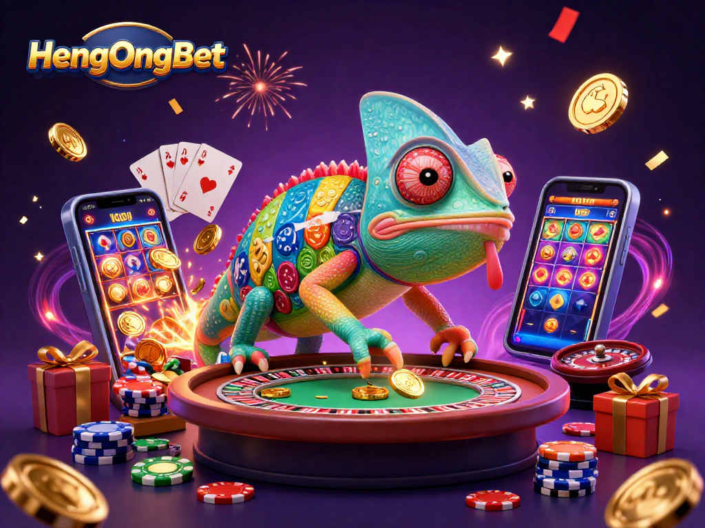 Experience HengOngBet's vibrant casino atmosphere with unique chameleon character and lively gaming elements.