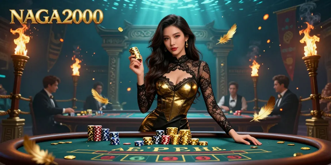 NAGA2000 memikat dengan ilustrasi 3D yang menakjubkan menggambarkan seorang wanita Asia di meja baccarat VIP, dikelilingi oleh chip kasino bernilai tinggi dan emas.