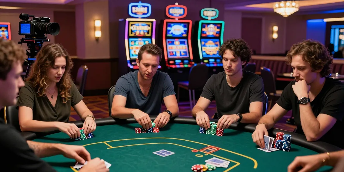 Dynamic slot poker gaming experience with players at a vibrant casino table and illuminated slot machine background.