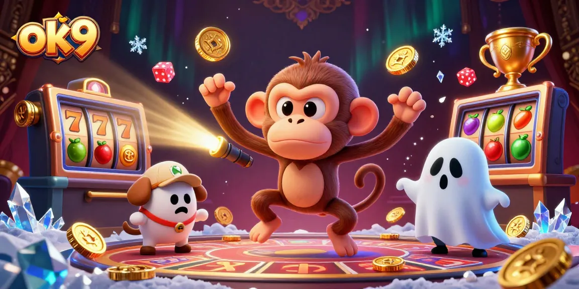Engage in thrilling casino games at ok9, featuring lively characters in a haunted casino.