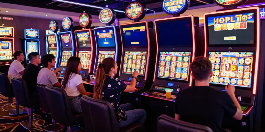 Excited friends playing slot machines in a vibrant casino setting, with colorful jackpot displays.