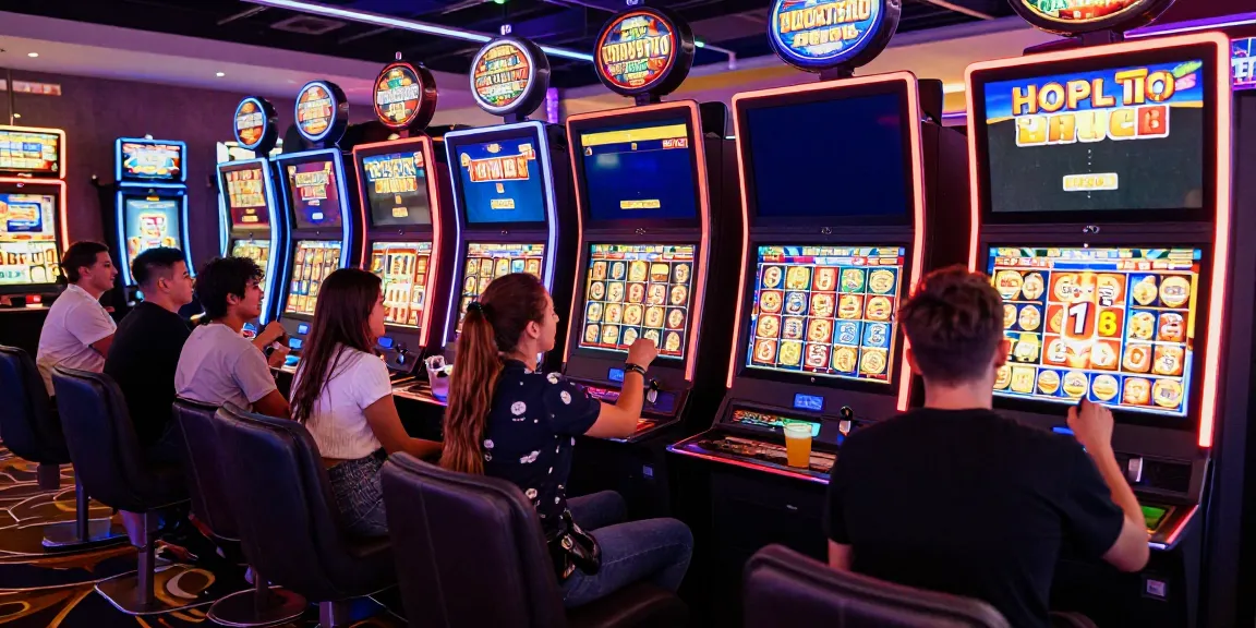 Excited friends playing slot machines in a vibrant casino setting, with colorful jackpot displays.