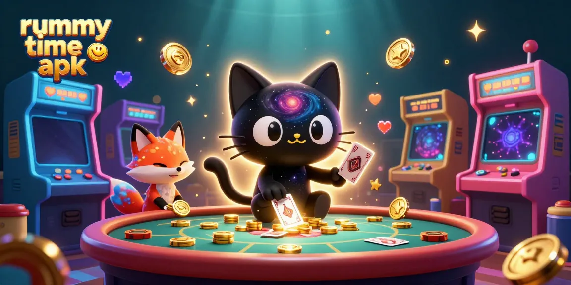 Play rummy time apk with a cosmic theme, featuring dynamic 3D cartoon characters and casino elements.