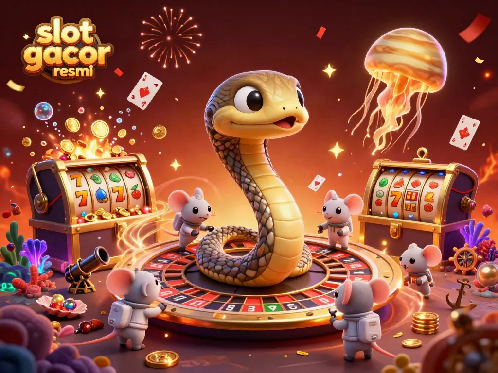 Engage in the fun of slot gacor resmi with a dynamic cosmic casino scene featuring vibrant 3D characters.