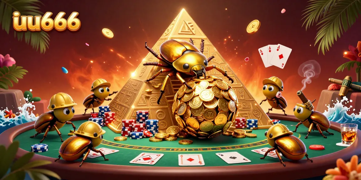 uu666 casino beetles rolling golden coins with vibrant poker elements in a dynamic setting