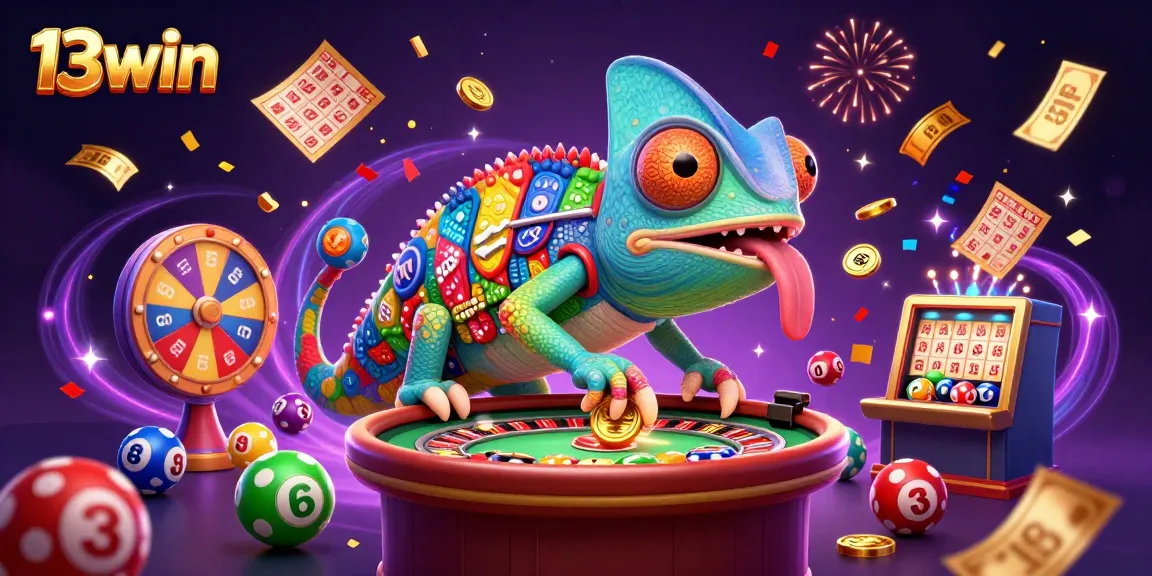 Engage with 13win’s vibrant casino illustration featuring a chameleon owner, lottery balls, and exciting rewards.