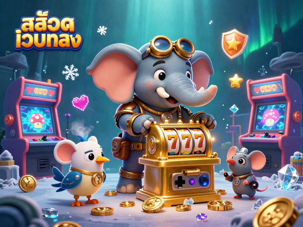 Play engaging slots at สล็อตเว็บตรง with a vibrant steampunk elephant, colorful game elements, and jackpot excitement.