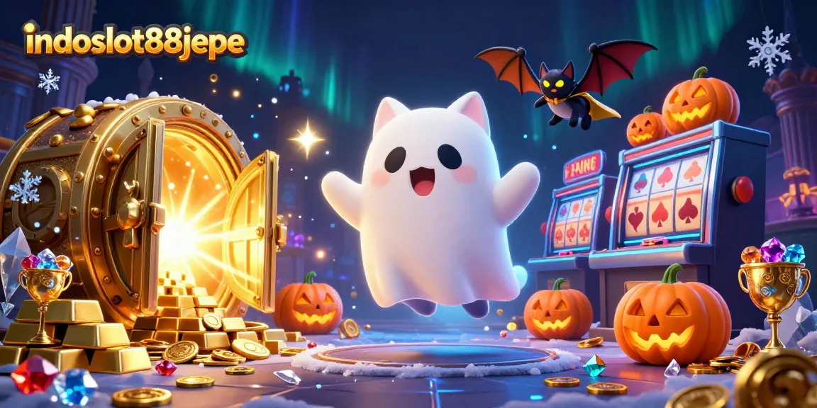 Spin the reels at indoslot88jepe with our cheerful ghost cat and bat companions amidst glowing poker-themed Jack-o-lanterns.