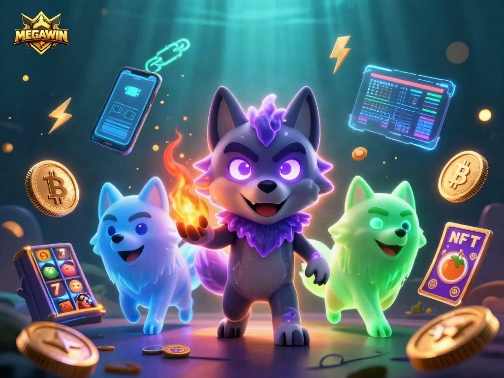Join the MEGAWIN experience with a vibrant 3D casino illustration filled with captivating gaming elements.