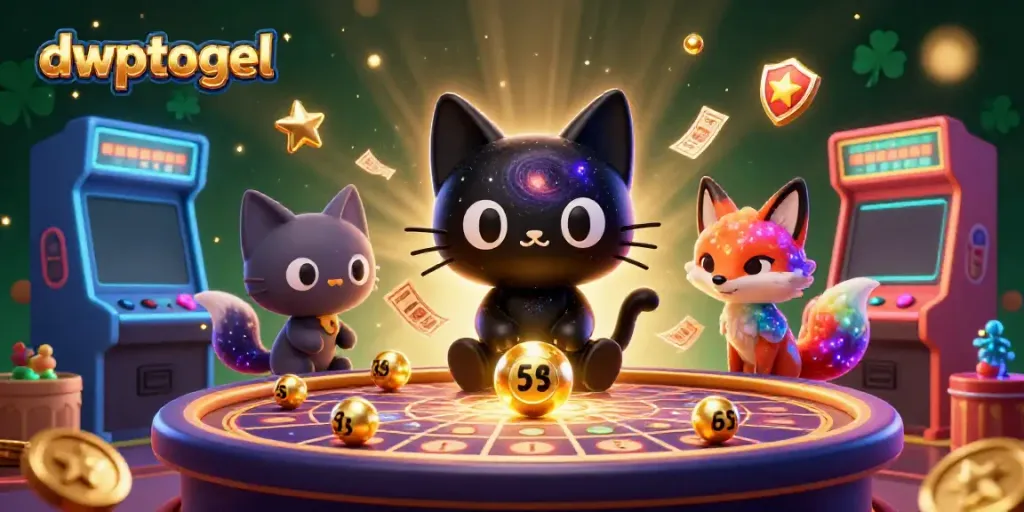 dwptogel menarik bola lotere emas dengan karakter animasi di meja lotere