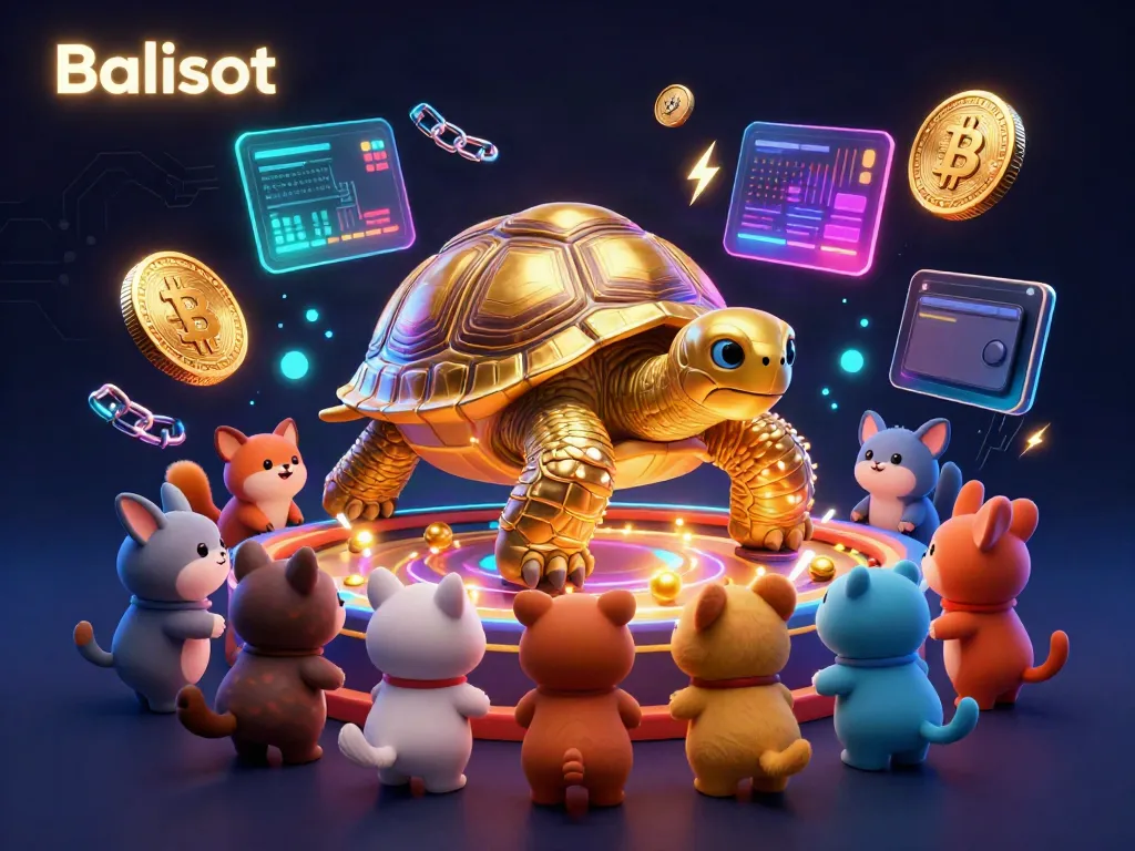 Balislot offers an exciting visual of a golden tortoise pinball machine alongside eager animals and dynamic crypto elements.