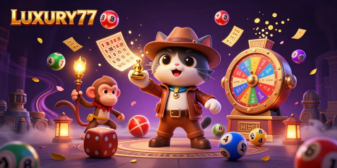 Engage with LUXURY77's exciting slots scene featuring dynamic lottery balls and golden artifacts.