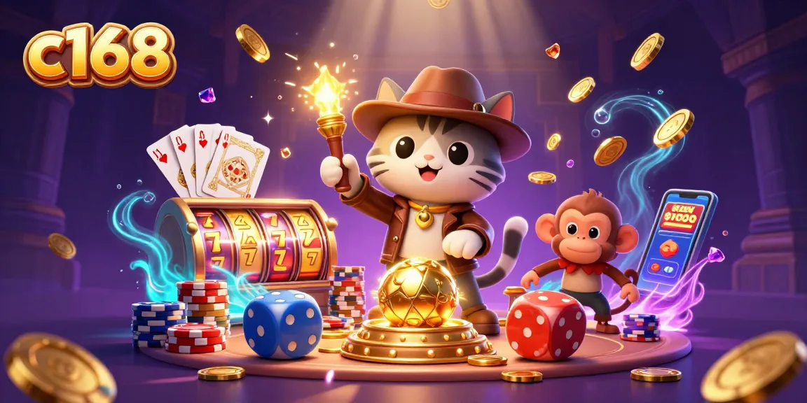 C168 players engaging with a vibrant casino scene, showcasing dynamic slot reels and exciting gaming elements.