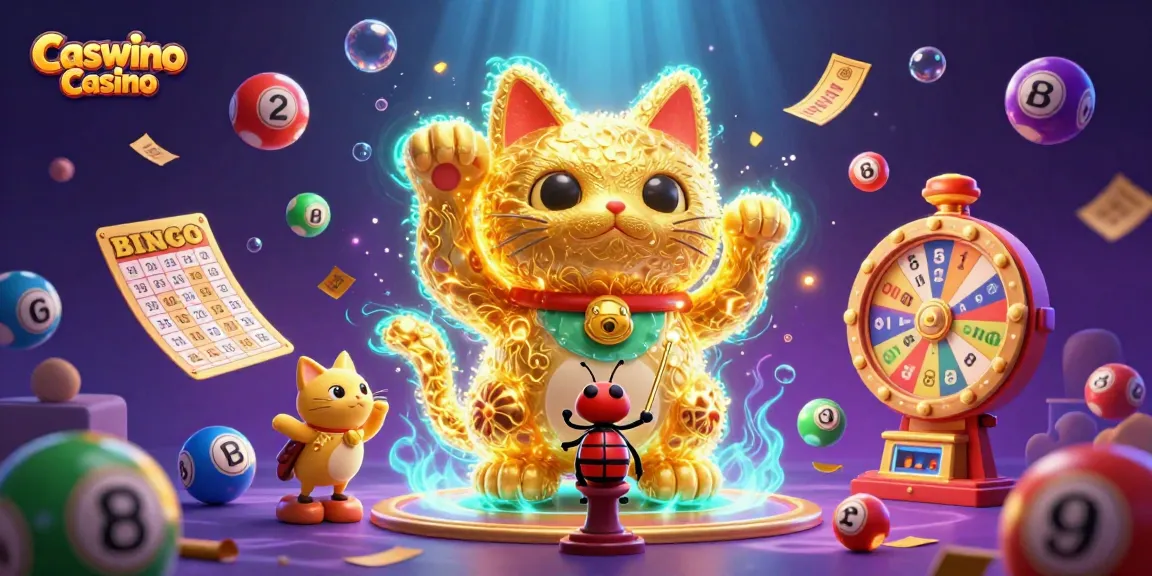 Experience festive gaming excitement at Caswino Casino with vibrant illustrations of casino symbols and dynamic elements.