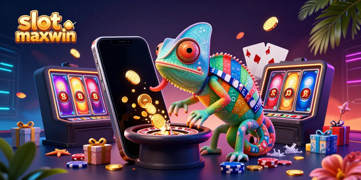 Mengakses slot maxwin dengan chameleon kasino dan smartphone permainan, menampilkan warna cerah dan unsur kasino