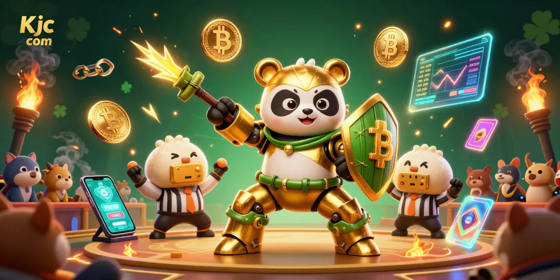 Experience top-tier gambling excitement with Kjc com featuring vibrant 3D cartoon elements of a golden panda robot and crypto coins.