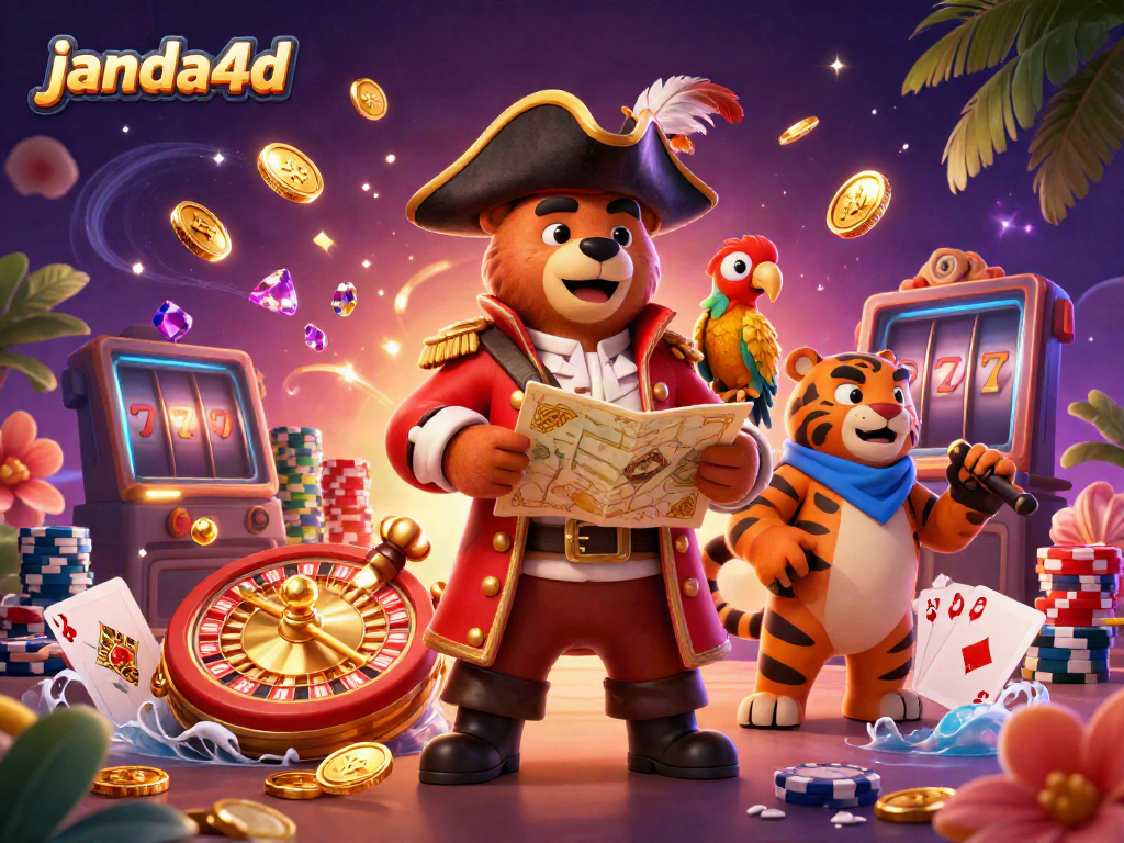 Janda4d mempersembahkan ilustrasi kasino online dengan karakter beruang kapten bajak laut dan macan menyajikan unsur perjudian yang menarik.