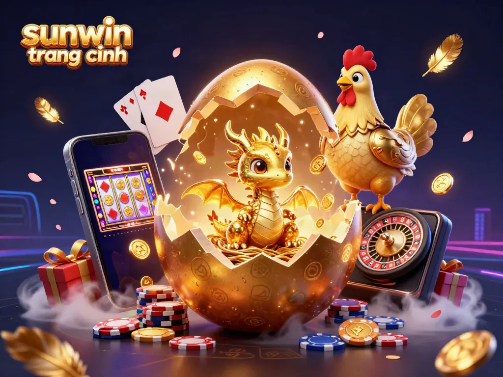 Engage with the sunwin trang chính scene featuring a golden baby dragon and casino elements bursting with excitement and wins.