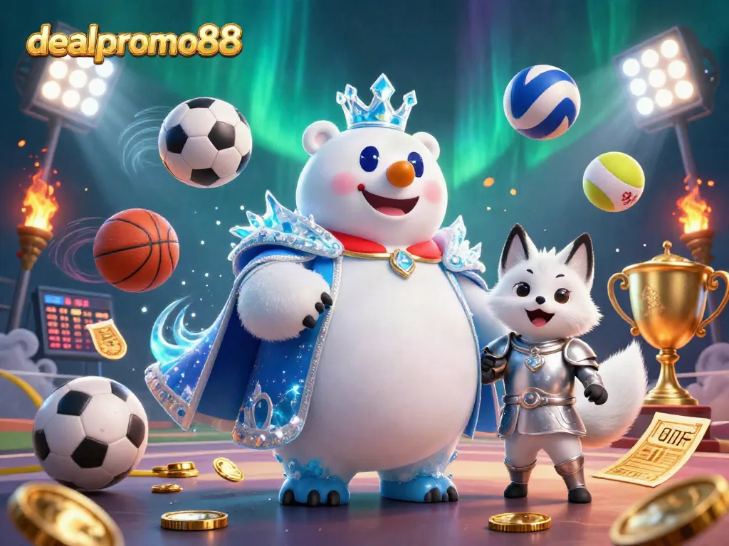 Experience exciting gameplay with dealpromo88 as 3D characters celebrate amidst sports elements in a vibrant casino scene.