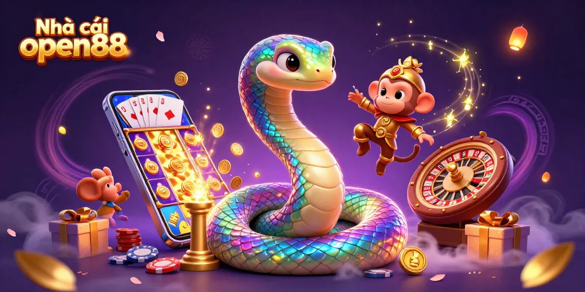 Engage with dynamic gameplay at Nhà cái open88, featuring a vibrant casino scene with colorful slot reels and playful characters.