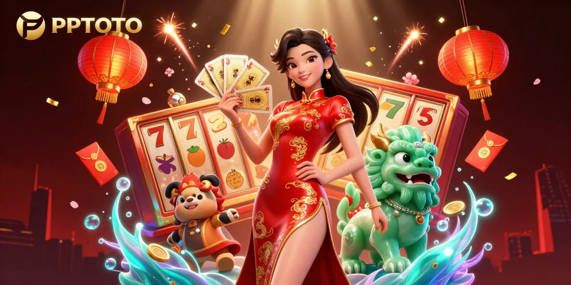PPTOTO mempromosikan strategi menang dengan gulungan slot yang berwarna-warni dan seorang wanita elegan dalam qipao merah.