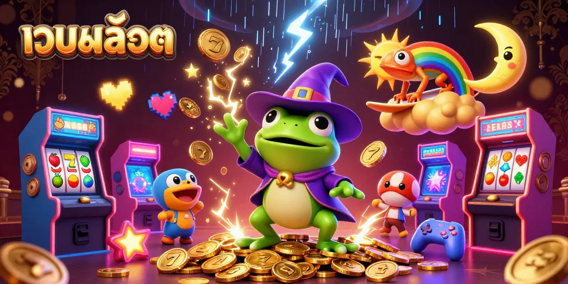 Win big with เว็บสล็อต amid golden coin storms and vibrant gaming elements in this dynamic illustration.