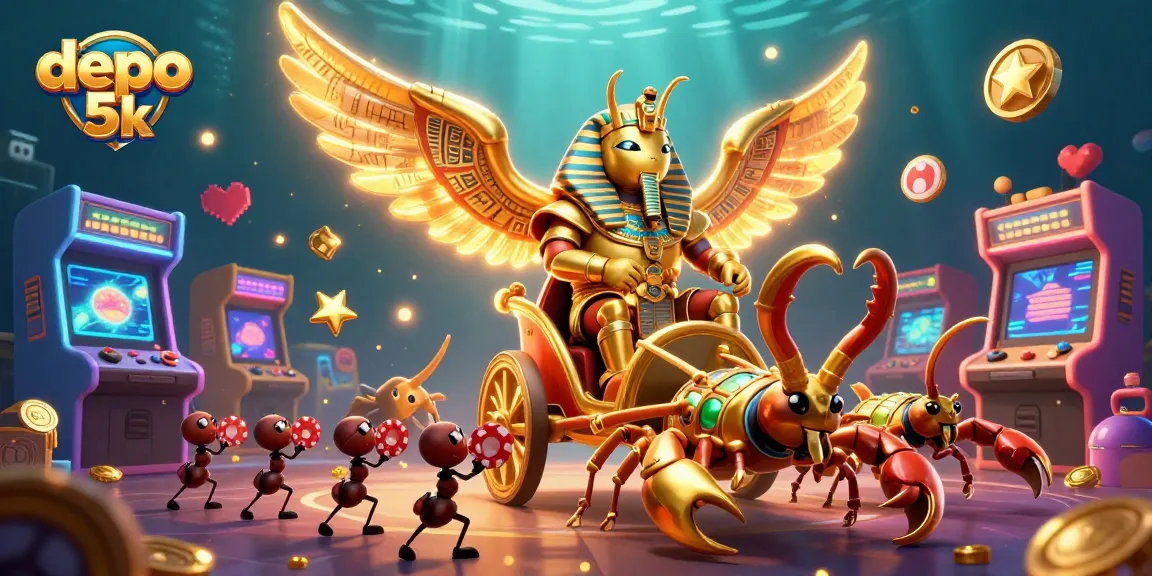 Engage with depo 5k gaming excitement featuring a golden scarab, scorpions, and poker chips in dynamic 3D illustration.