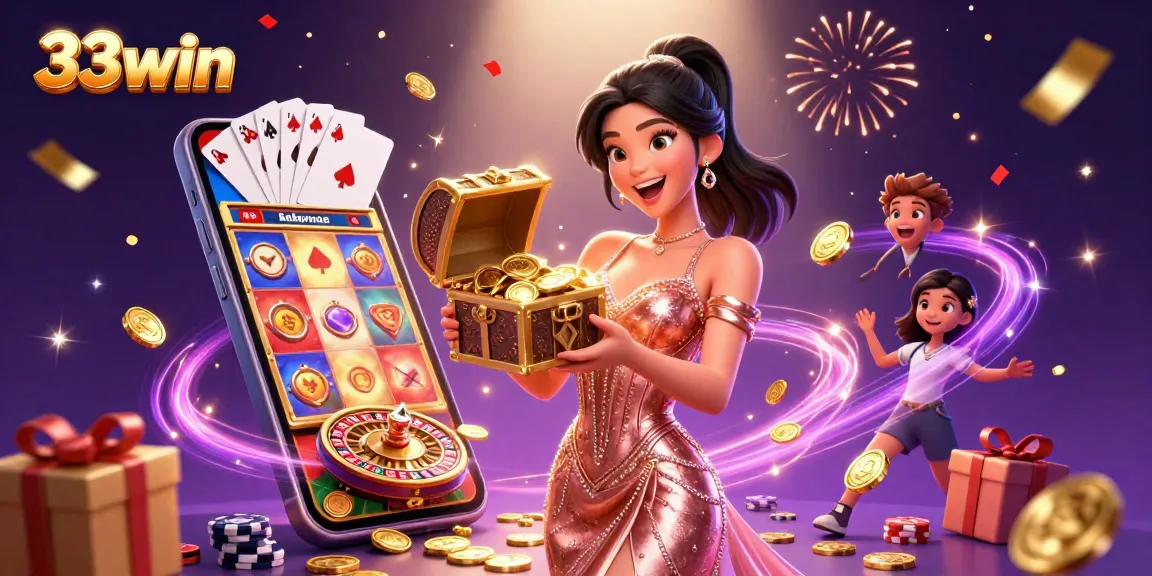 33win showcases a stunning woman presenting treasures with dynamic casino elements in a vibrant setting.