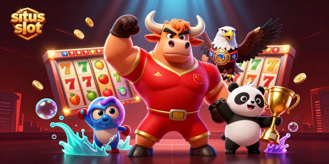 Mainkan situs slot dengan simbol keberuntungan dan karakter yang menarik, termasuk banteng 3D, elang, dan panda.