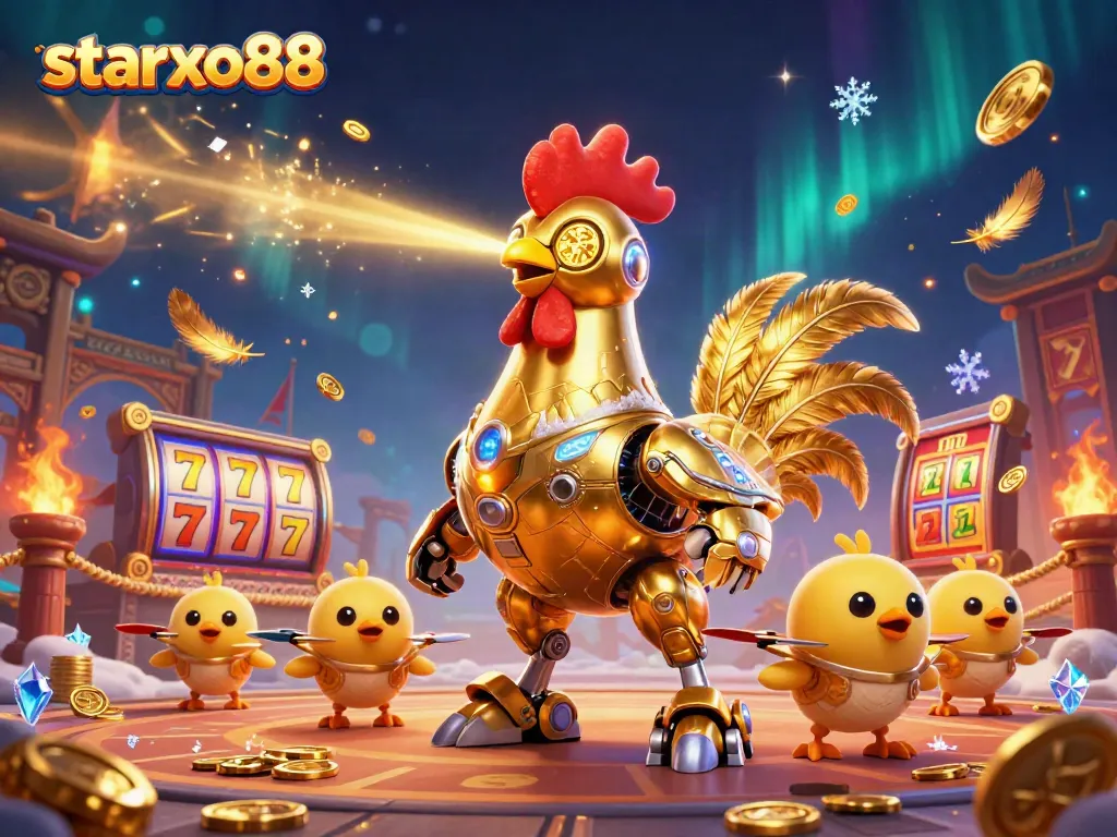 Engage with starxo88's vibrant casino scene featuring a golden rooster robot amid slots and golden coins.