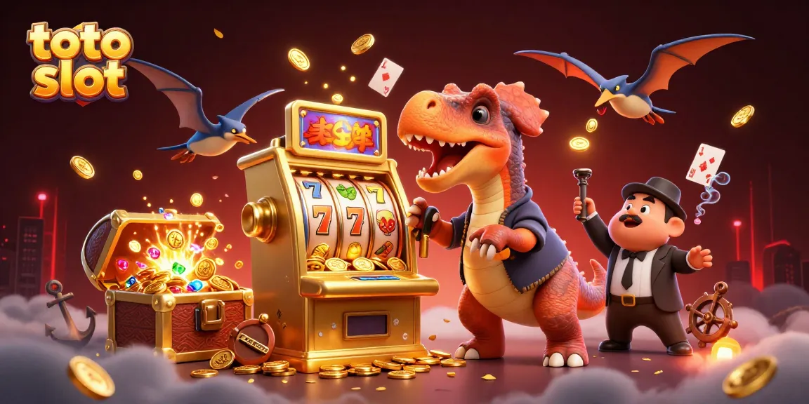 Toto slot engagement scene with a dinosaur headbutting a golden slot machine surrounded by coins.