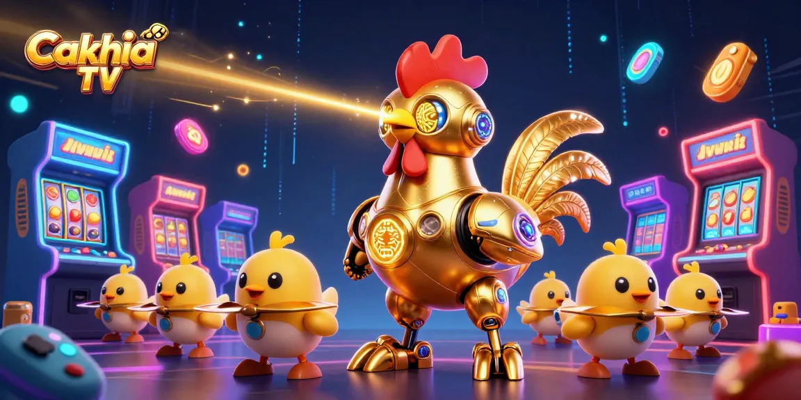 Cakhia TV showcases a vibrant 3D casino scene with a golden rooster robot surrounded by exciting slot game elements.