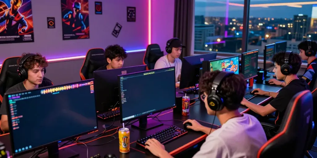 Players immerse in online gaming with akunjp visuals glowing in neon.